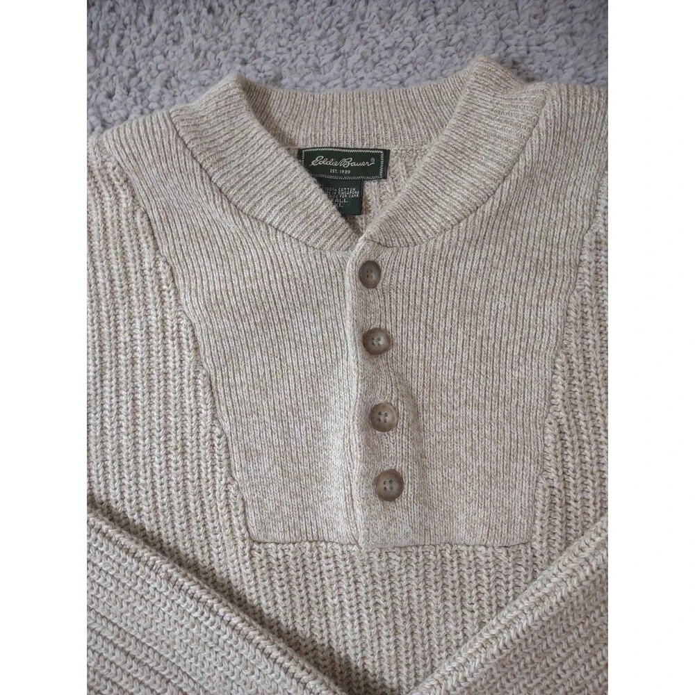 Eddie Bauer Sweater Mens Tall XL Light Tan Cotton Crewneck Knit Pullover Classic